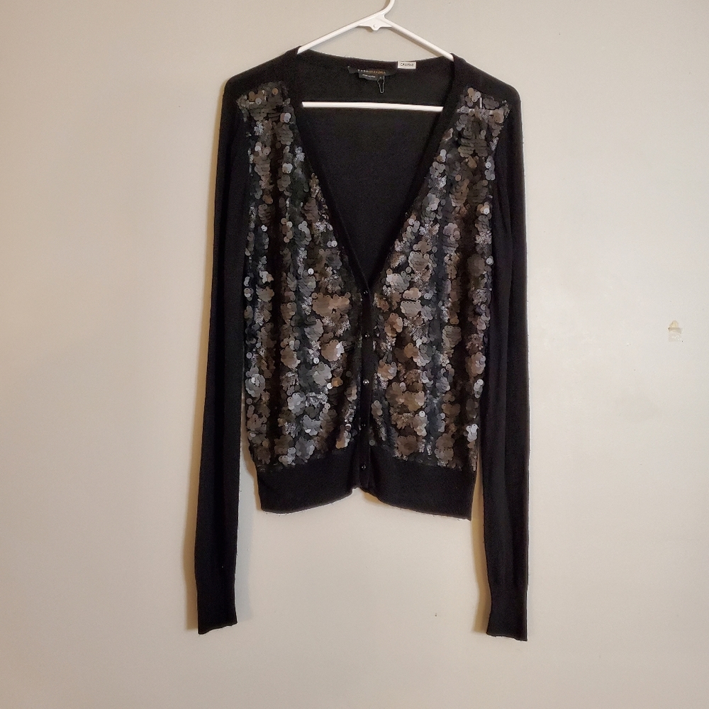 BCBGMaxAzria womens cardigan large black knit sequins long sleeves vneck